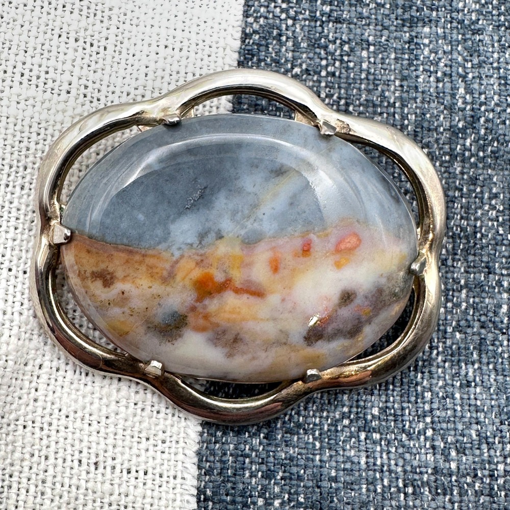 Vintage Picture Jasper Landscape Brooch Gold Tone Frame Estate Find